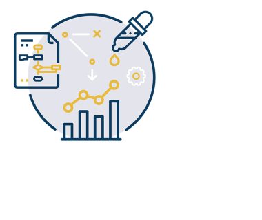 Grey circle outlined in blue connecting three separate icon images, one of a blue medicine dropper in the top right, one of a blue bar graph with a line graph in yellow above it and an icon image in blue and yellow on the middle right of a piece of paper with graph shapes inside of it.