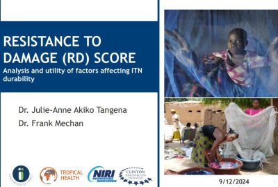 Image of slideset on Resistance to Damage Score. Title in blue on the left and two images of people under bed nets on the right.