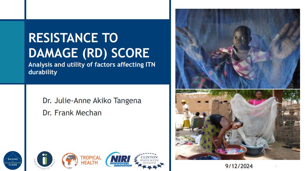 Image of slideset on Resistance to Damage Score. Title in blue on the left and two images of people under bed nets on the right.