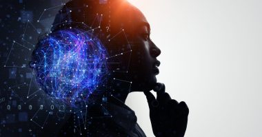 Profile of of a woman with hand on chin thinking and a blue datapoint matrix in the brain area